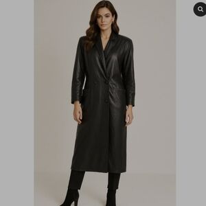 Vintage 80's Black Leather Trench coat Pockets Medium